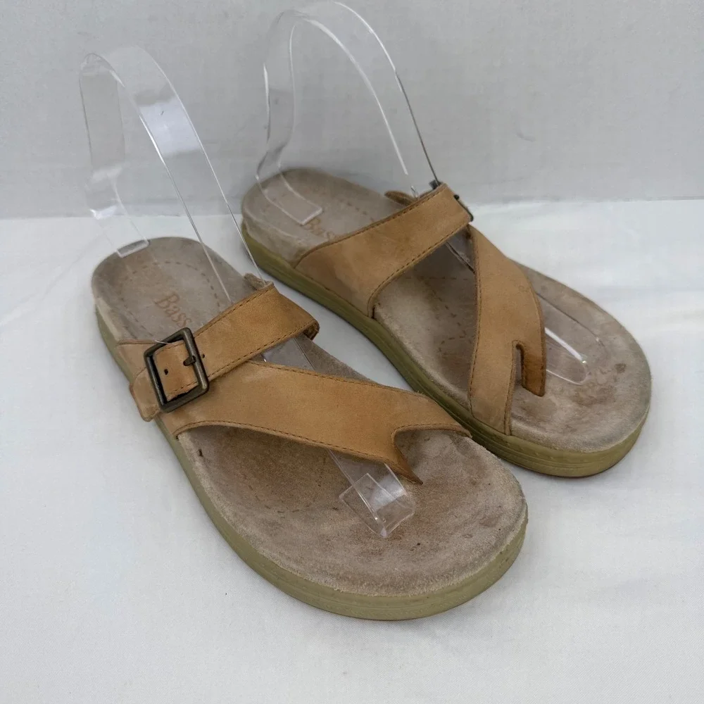 GH Bass Tan Leather Toe Loop Slide Sandals Buckle Strap Womens 6M 4235-260